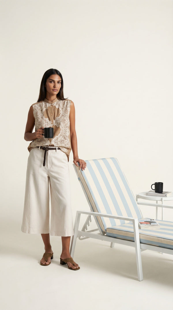Lace-Appliqué Sleeveless Shirt — Mocha & ivory