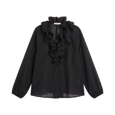 Transparente Bluse mit Stehkragen & Rüschen — Schwarz