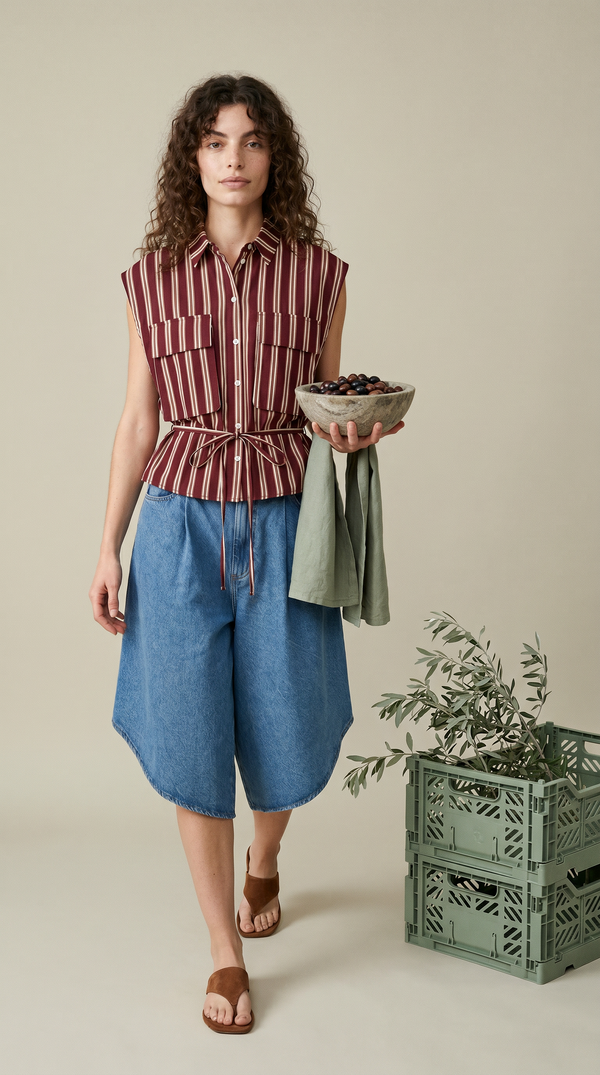 Striped Patch-Pocket Shirt — Burgundy & cream