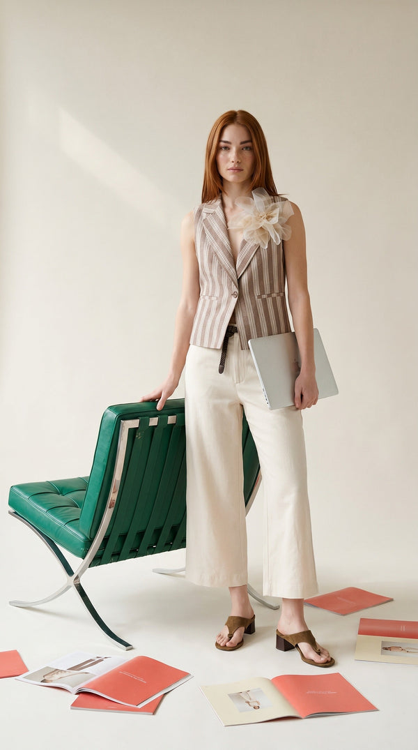 Striped Tailored Vest + Flower — Taupe & cream