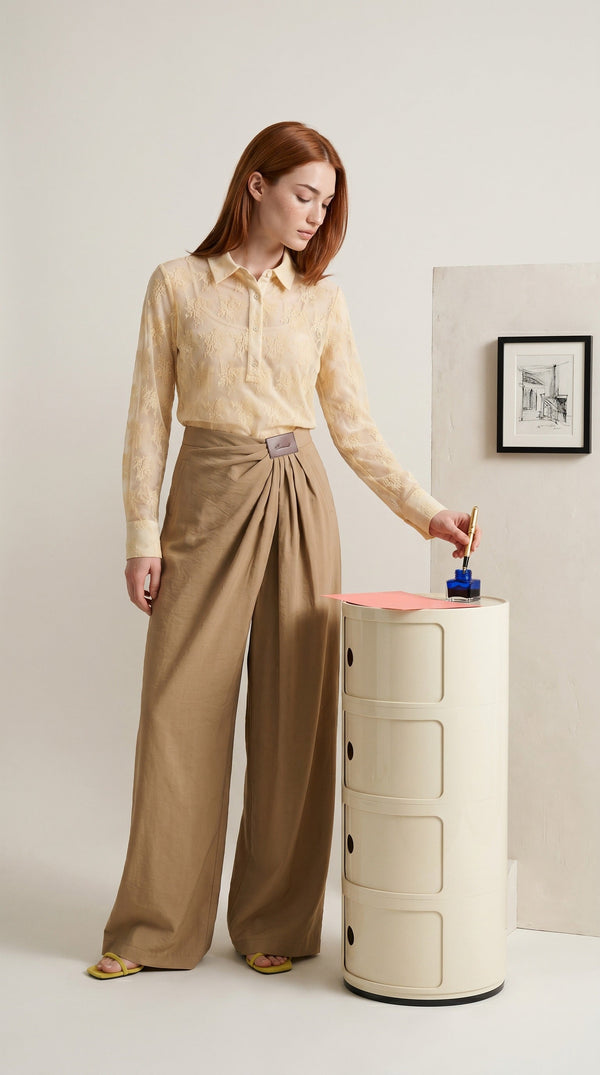 Floral-Lace Polo Shirt — Butter cream