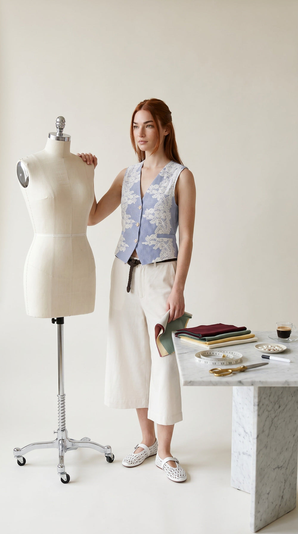 Lace-Appliqué Pinstripe Waistcoat — Blue stripe & ivory