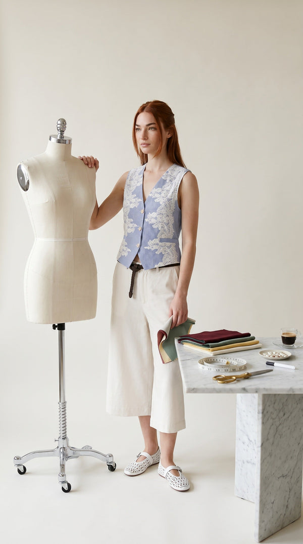 Lace-Appliqué Pinstripe Waistcoat — Blue stripe & ivory