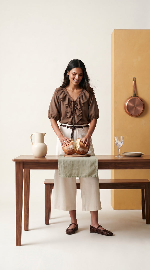 Ruffle Tie Blouse — Mocha brown